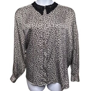 VTG 90s CALI Womens Black Floral Lace Collar Button Up Blouse 22W Romantic Chic